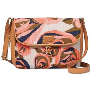 Fossil Preston Large Flap Brown Floral Canvas Expandable Zipper Crossbody Purse